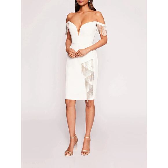New with Tag! Marchesa Notte Embellished Fringed Mini Cocktail Dress in white - Picture 1 of 10